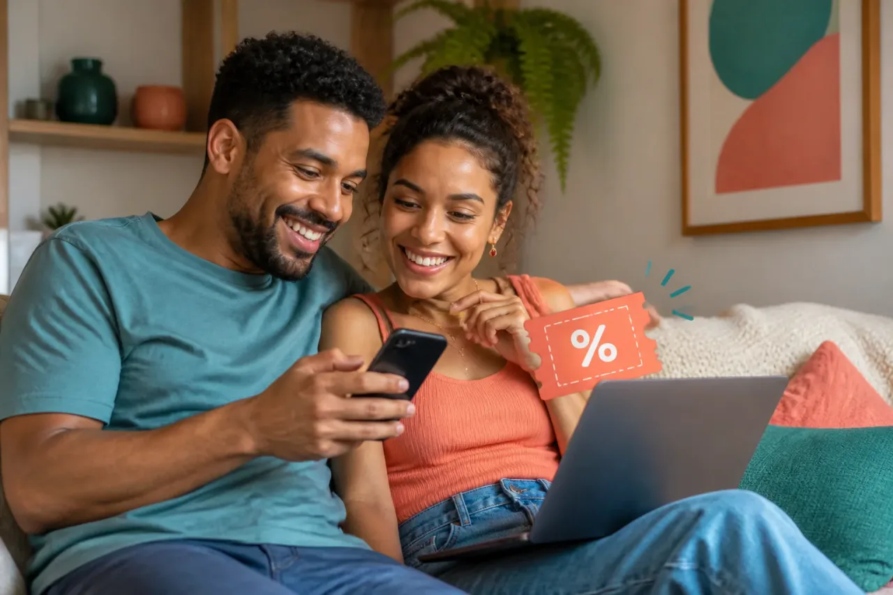 Casal usando aplicativo de cupons em casa