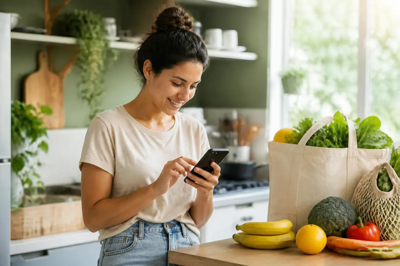 Pessoa usando lista de compras no celular em casa