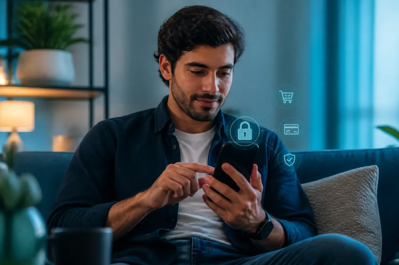 Pessoa usando smartphone com proteção para compras online