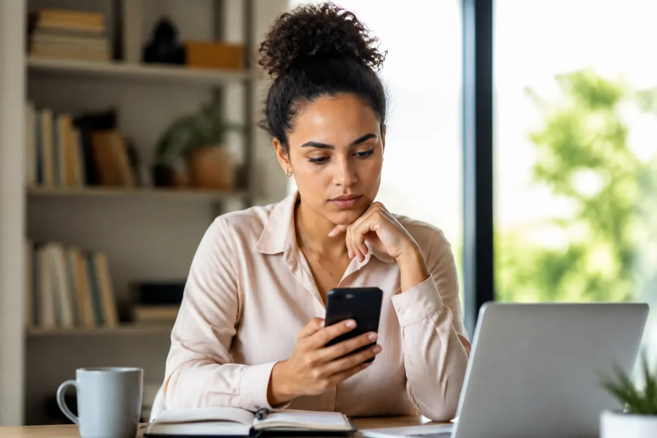 Pessoa lendo regras de benefícios em aplicativo no celular