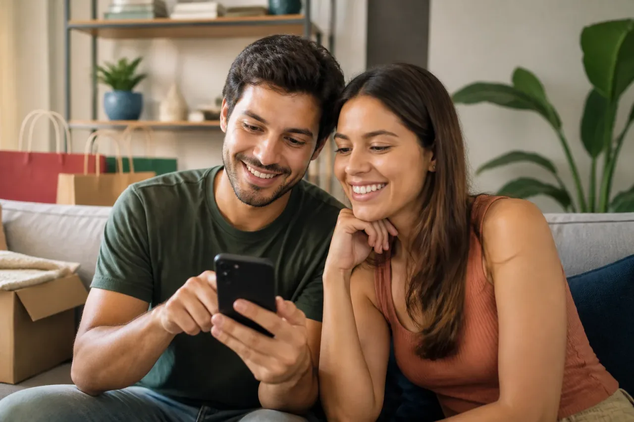 Casal criando lista de desejos em aplicativo de compras