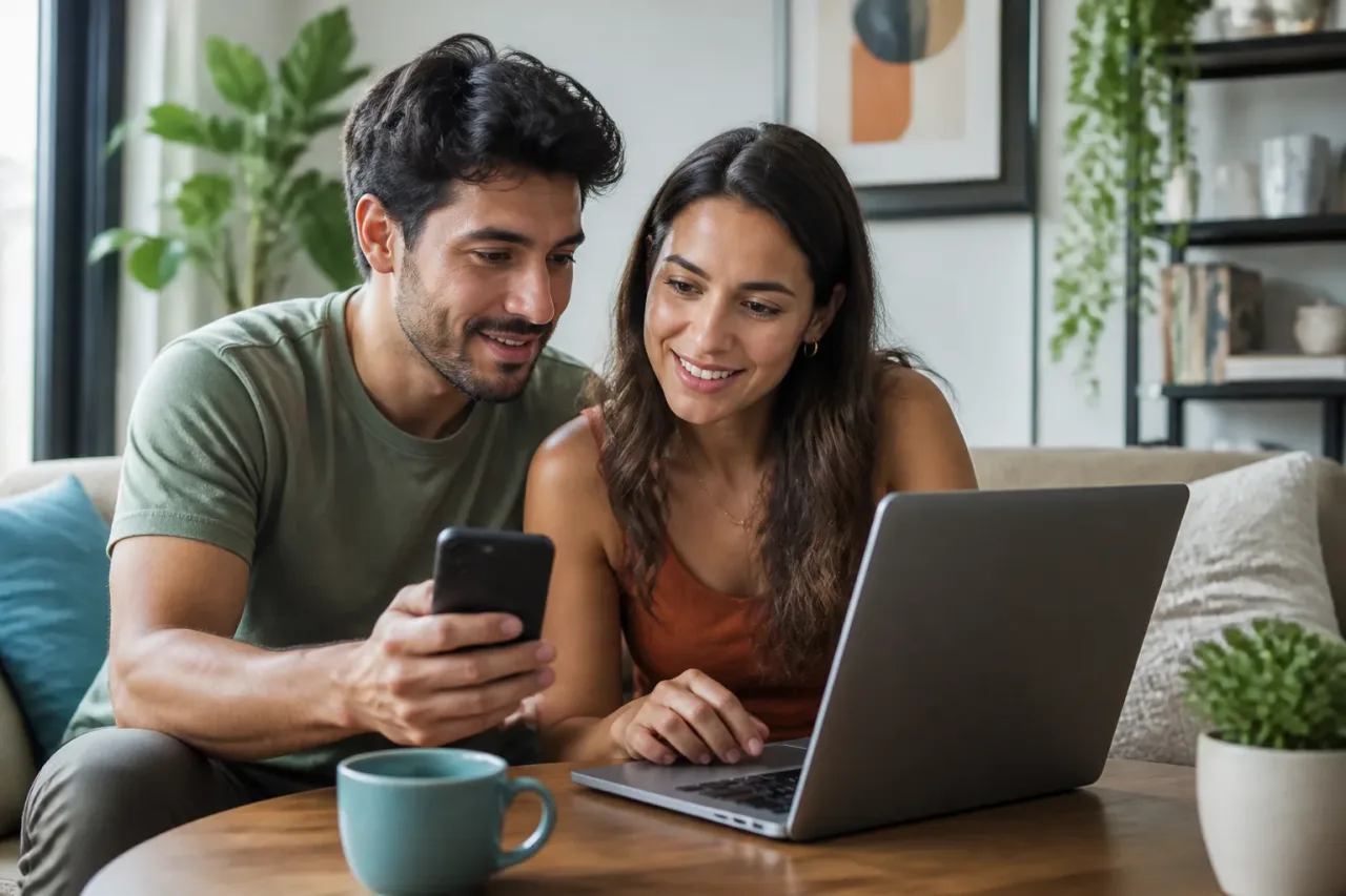 Casal comparando ofertas em marketplace