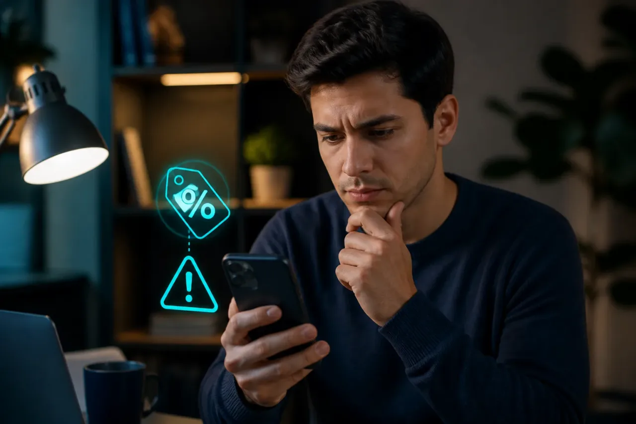 Pessoa verificando link de desconto com segurança