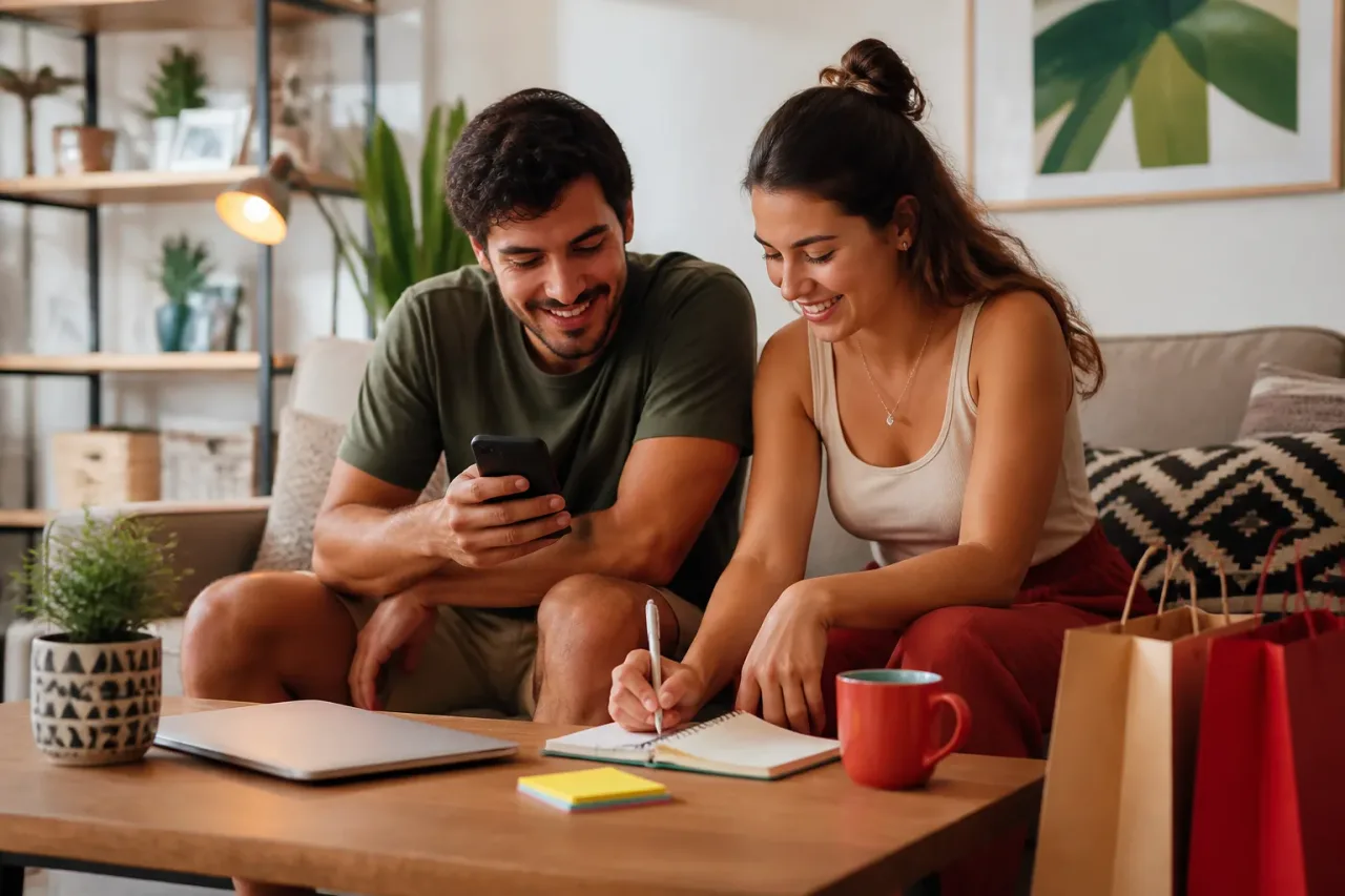 Casal organizando lista de desejos para promoções