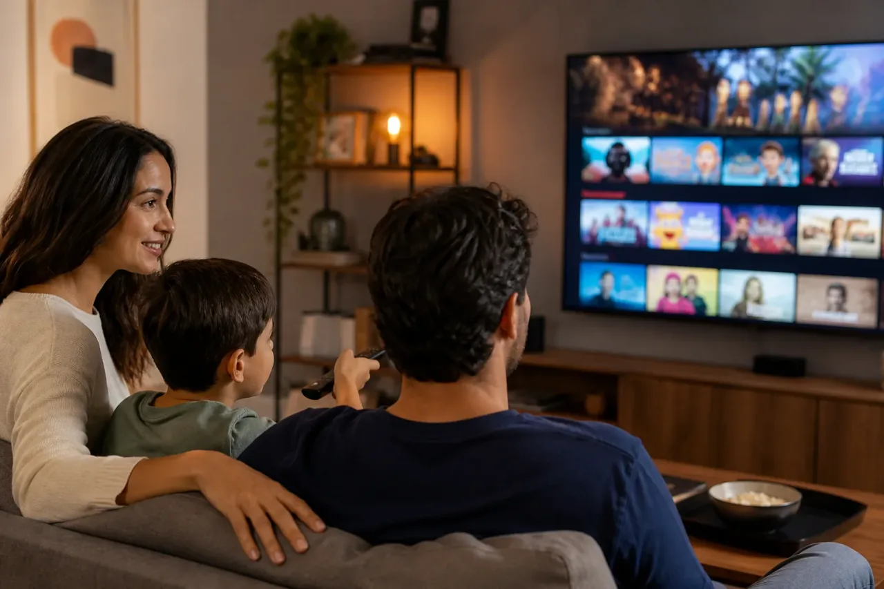 Família escolhendo streaming para assistir junta