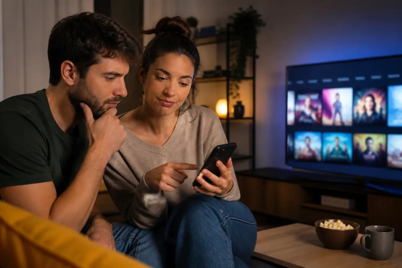 Casal comparando duas plataformas de streaming