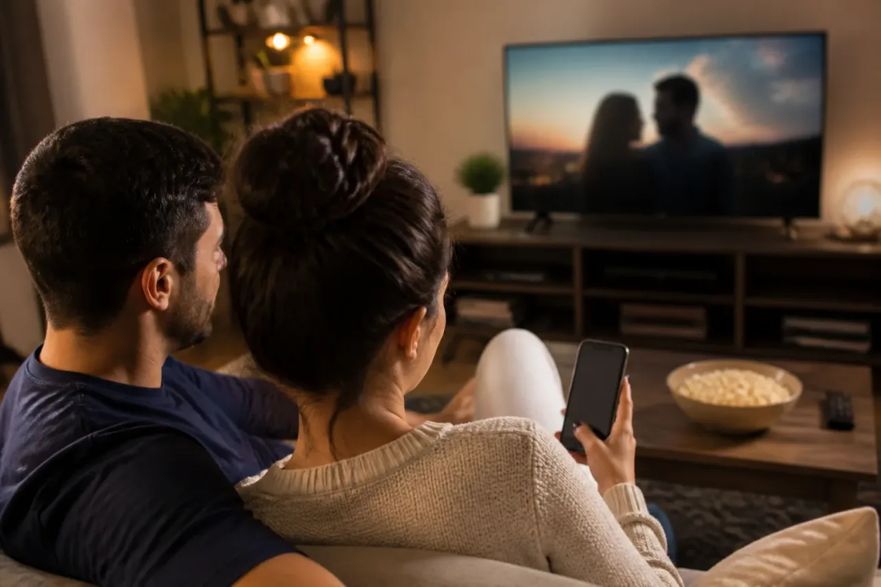 Casal assistindo streaming gratuito e legal