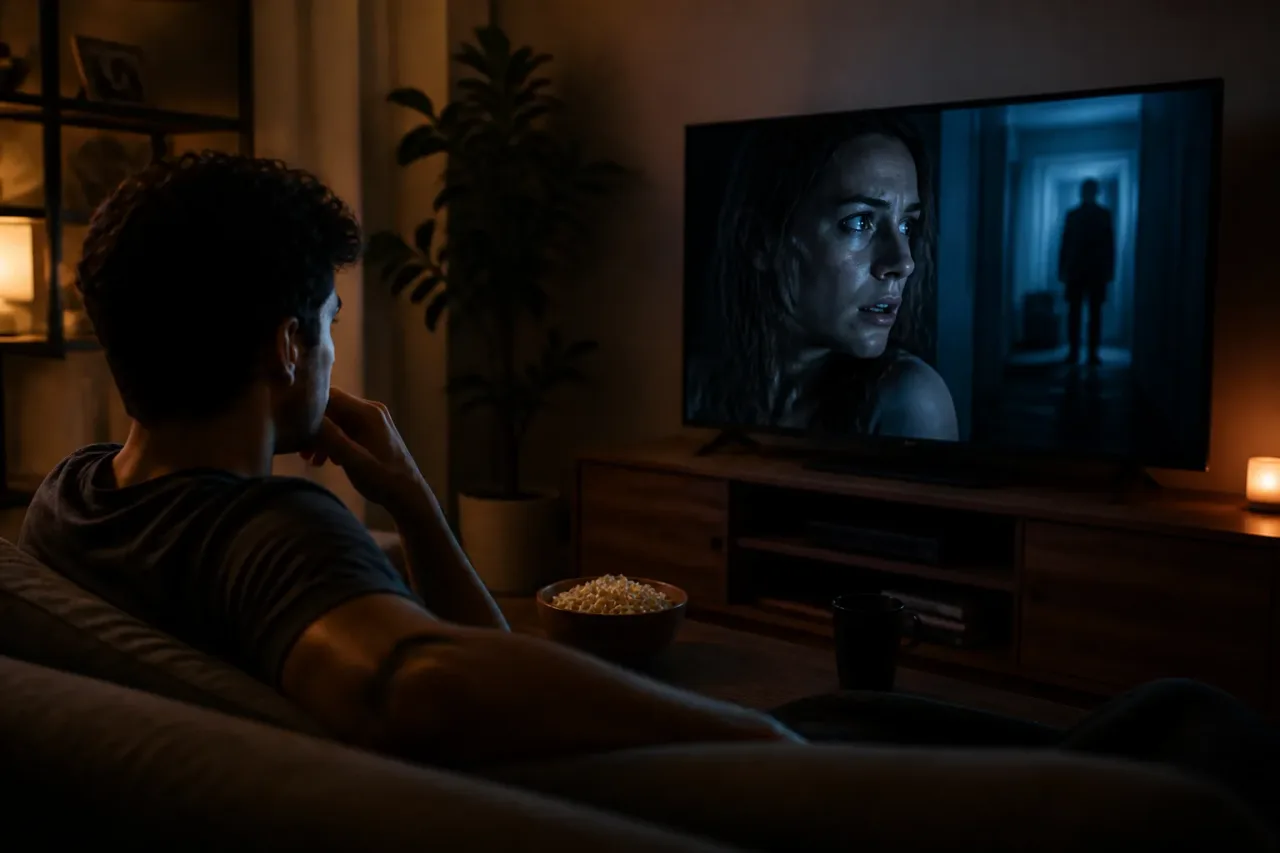 Pessoa assistindo filme de suspense em casa
