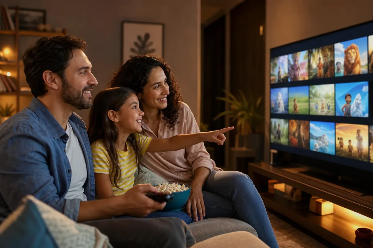 Família escolhendo filme para assistir junta
