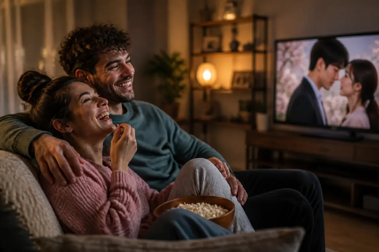 Casal assistindo dorama de comédia romântica