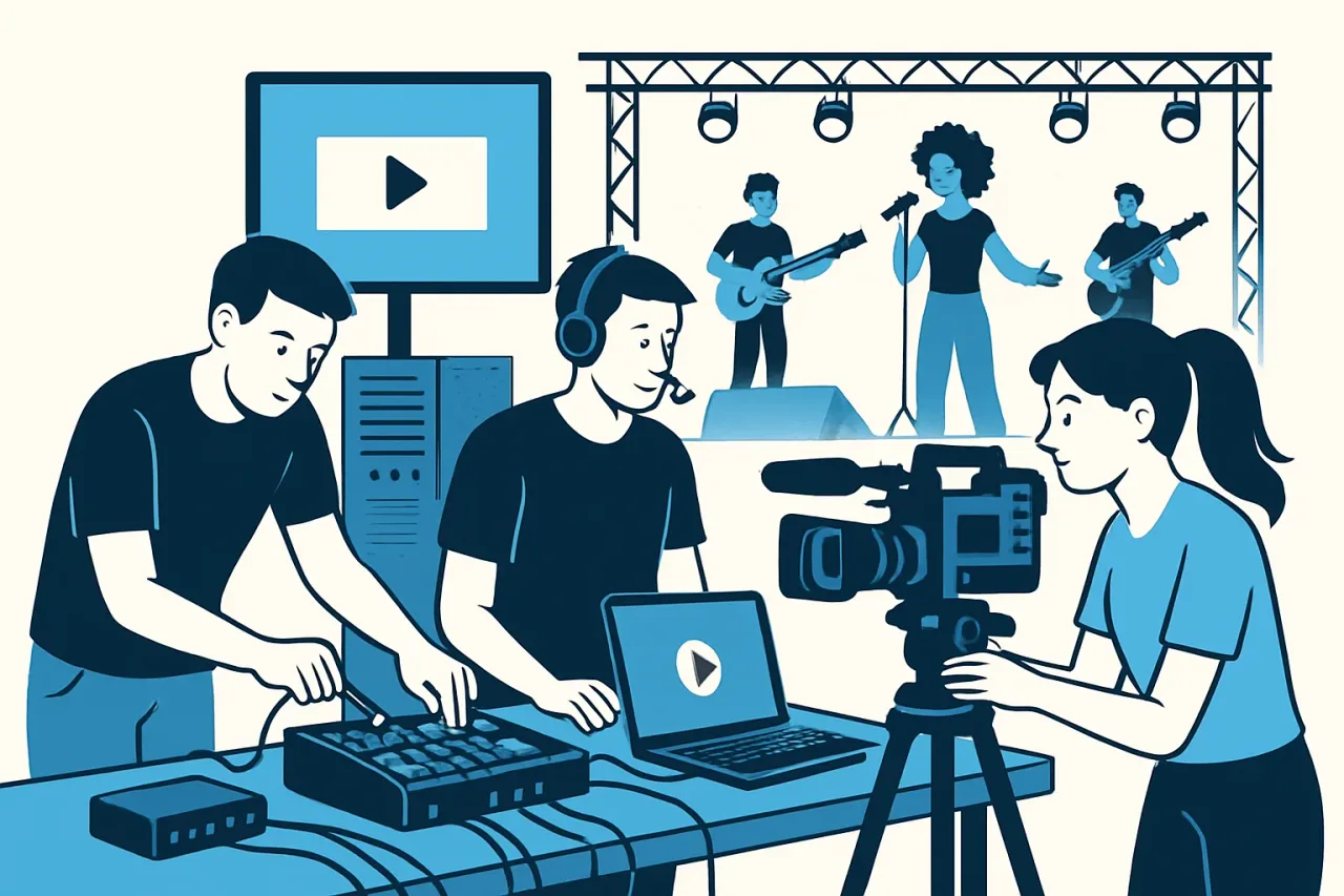 StageView music festival livestream production team arranging cameras and audio gear on stage.
