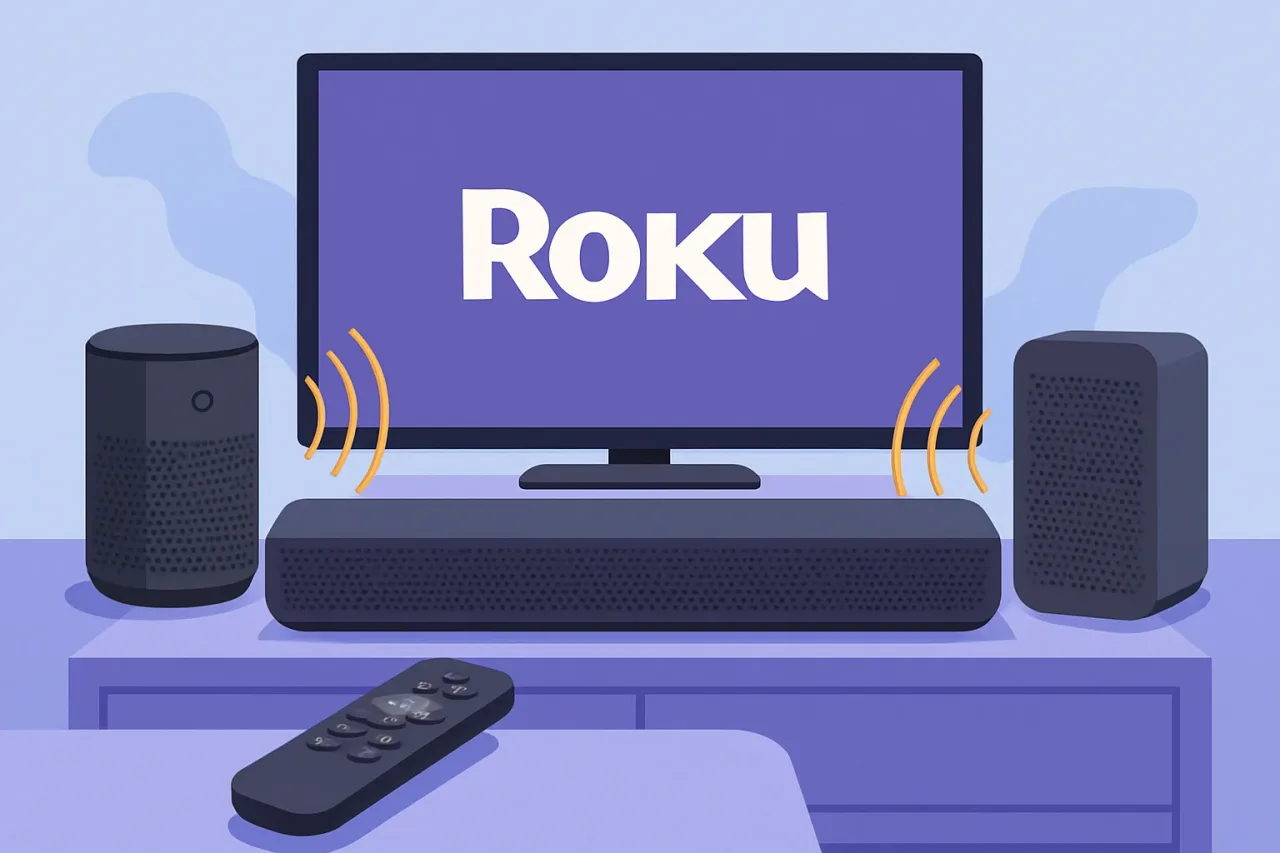 Soundbars and wireless speakers on a media console