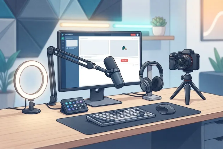 Professional live streaming setup with a ring light and laptop