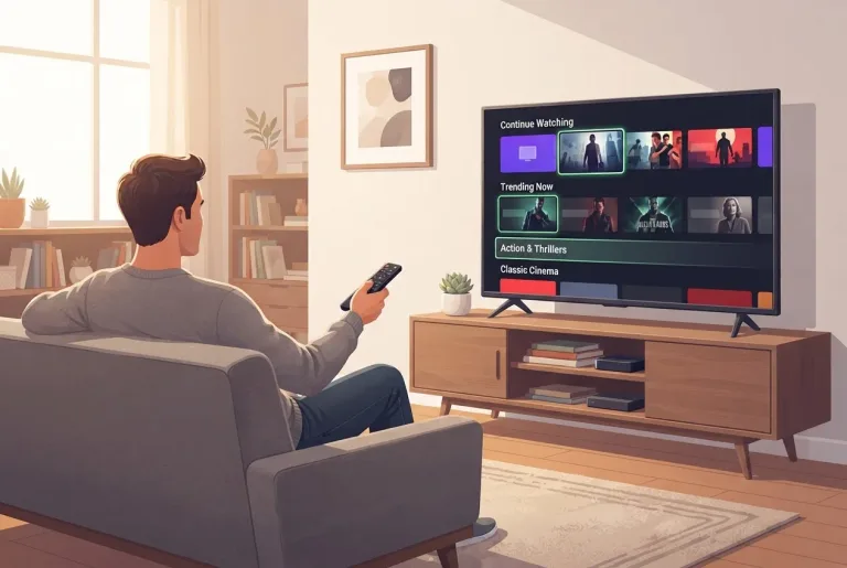 Smart television displaying streaming options in a cozy living room environment