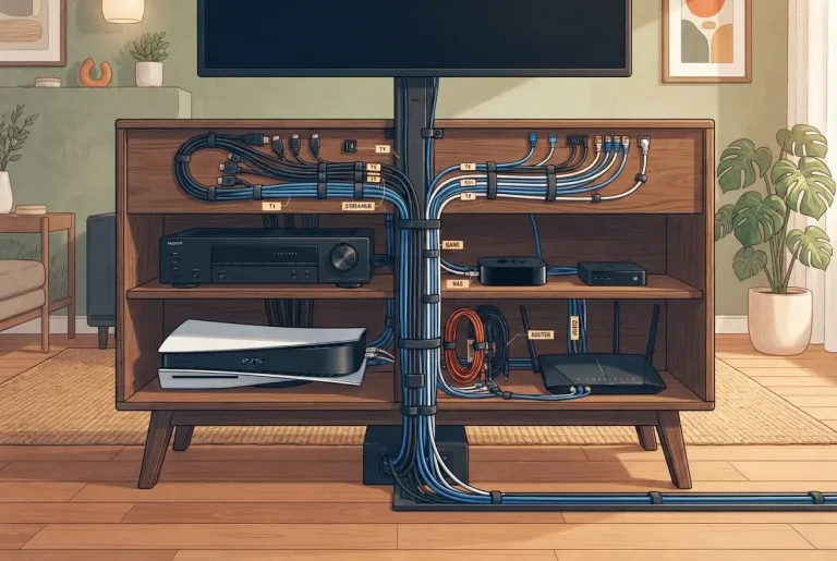 Neat cable management behind a home entertainment setup