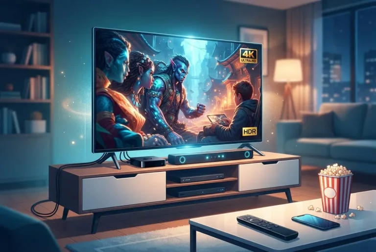 Television screen showing a streaming menu inside a cozy living room