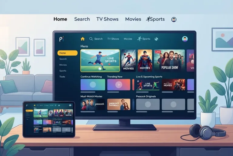 A clean streaming interface showing various movie and sports tiles