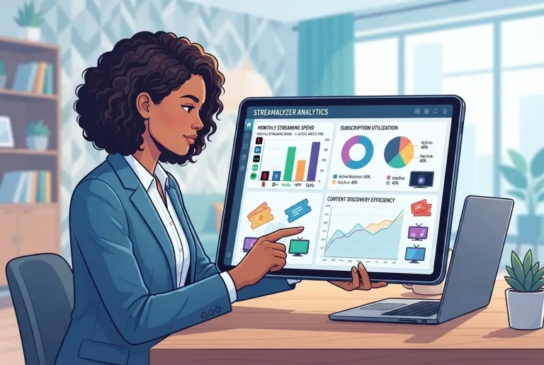A tablet showing an analytics dashboard for subscription spending and streaming media usage