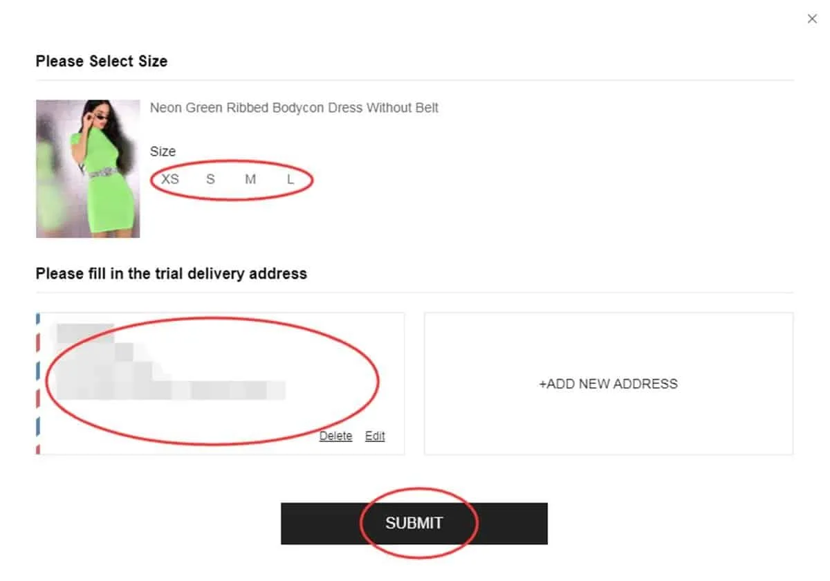 Checking product measurements and delivery details for a SHEIN trial