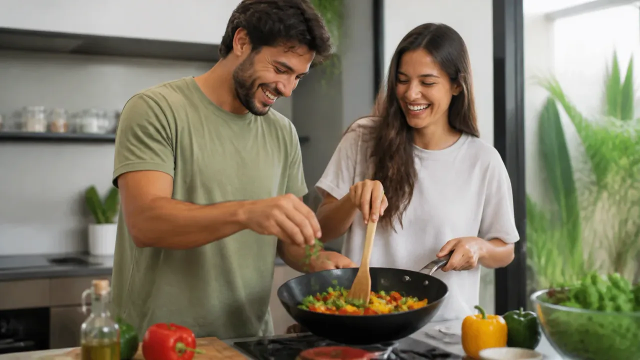 Capa fotográfica: Cozinhar juntos em casa: ideias para um encontro leve
