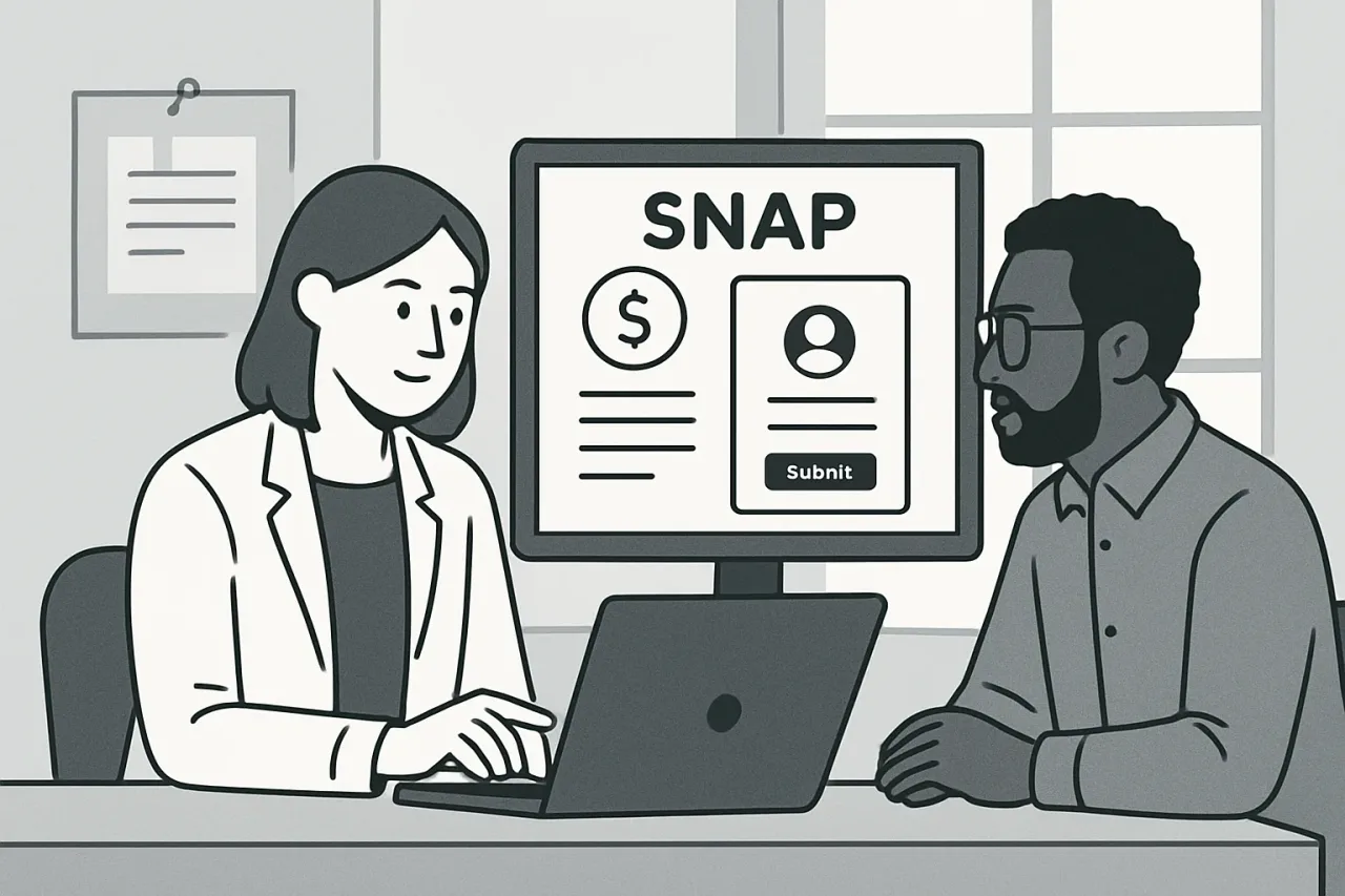 Caseworker helps person apply for SNAP benefits online.