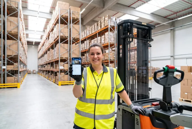 Forklift operator in a safety vest reviewing a certification course on a smartphone