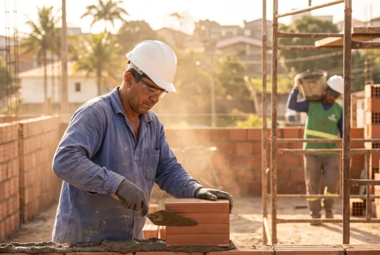 Pedreiro com capacete e óculos de proteção assentando blocos cerâmicos em uma obra residencial no Brasil