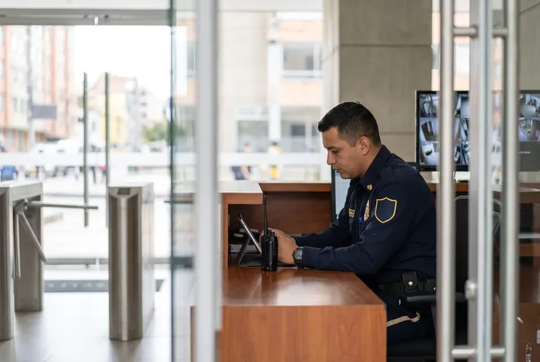Guarda de seguridad en la recepción de un edificio residencial revisando el control de accesos en una tableta