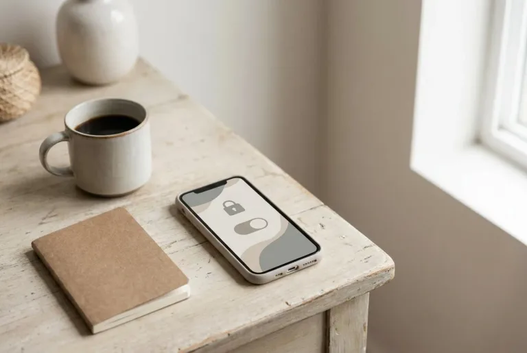 A smartphone showing a privacy settings screen with a padlock icon, on a wooden table