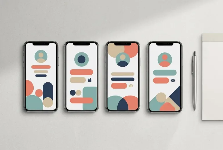 Four smartphones side by side, each showing a different abstract profile screen, as if being compared