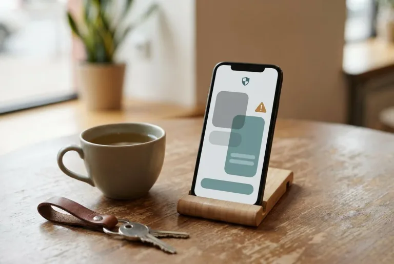 A smartphone showing a chat screen with a warning icon and a shield icon, illustrating dating app safety