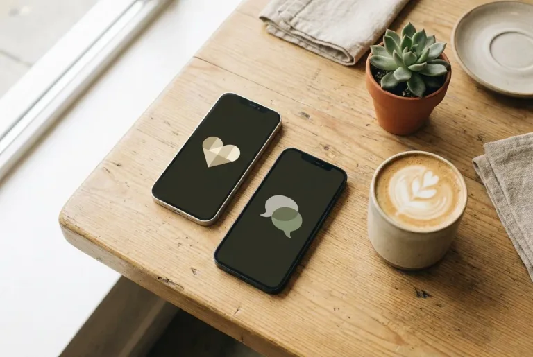 Two smartphones on a cafe table, one showing a heart symbol and the other a chat bubble