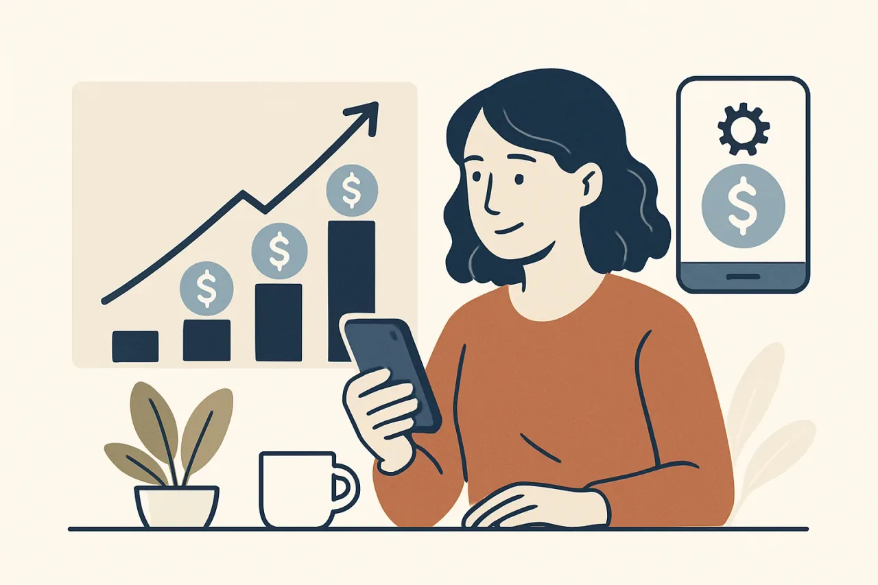 Phone with banking app showing automated savings progress