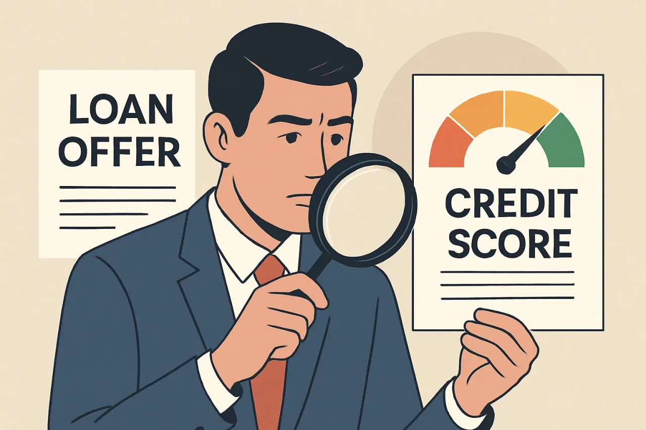 Person reading a loan offer letter, reviewing credit score details.