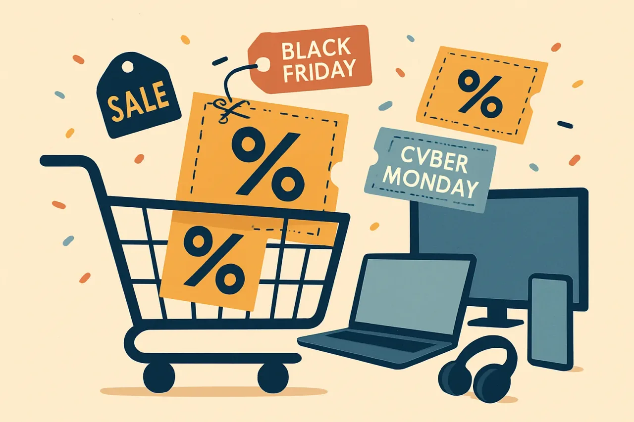 Smartphone showing digital coupons during a seasonal electronics sale.