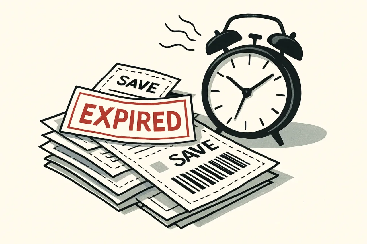Expired printable coupons on a table