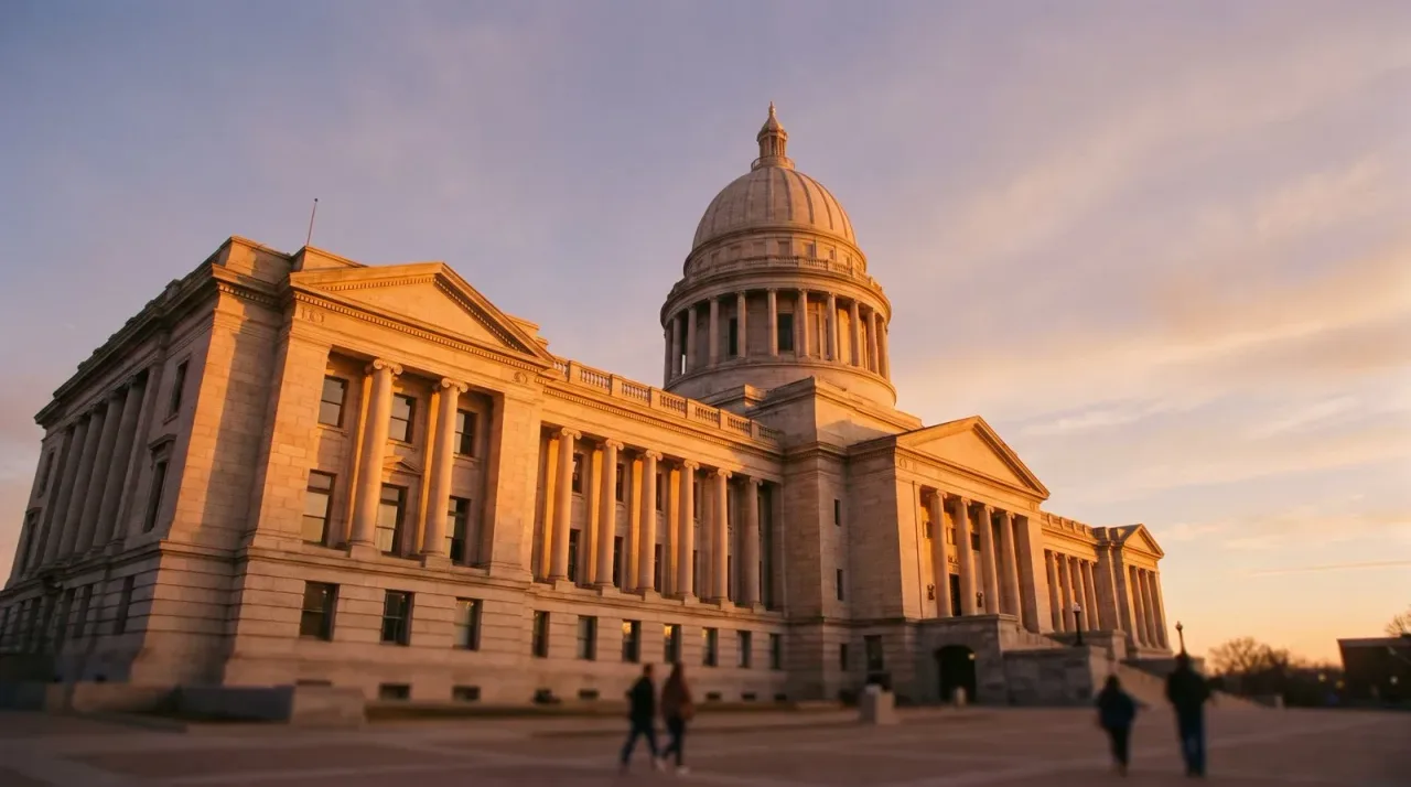 Neoclassical American state government building at golden hour
