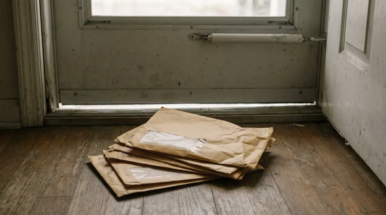 Unopened official envelopes on a floor inside a front door
