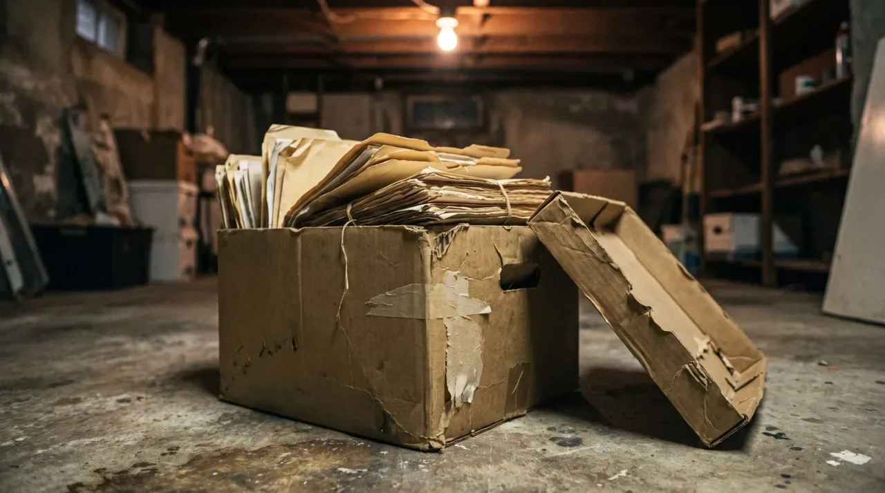 Old cardboard box of payroll files in a basement