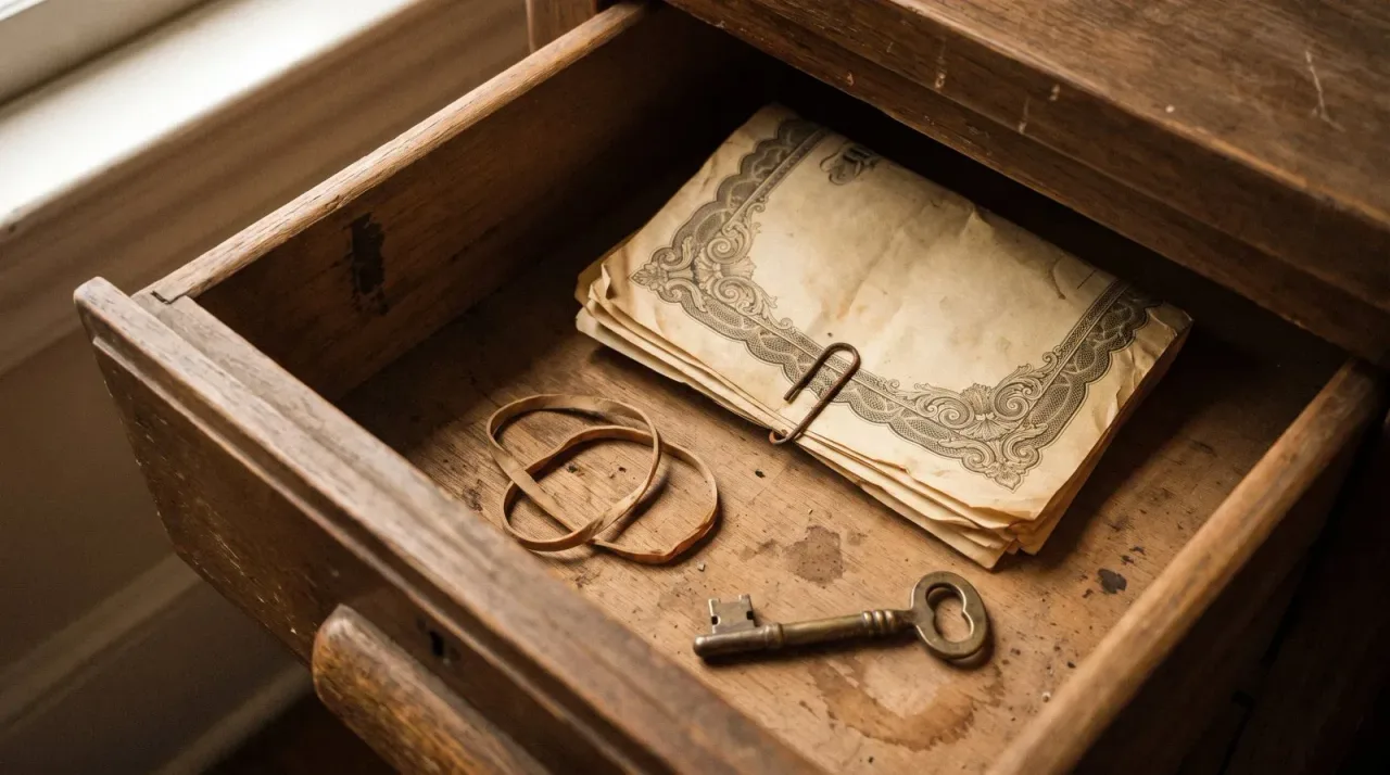 Vintage paper certificates in an open desk drawer