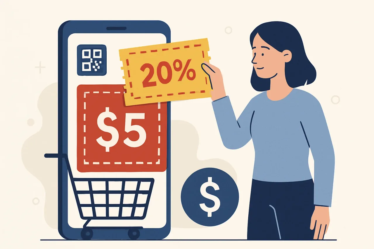 Person holding coupons and smartphone before making a purchase.