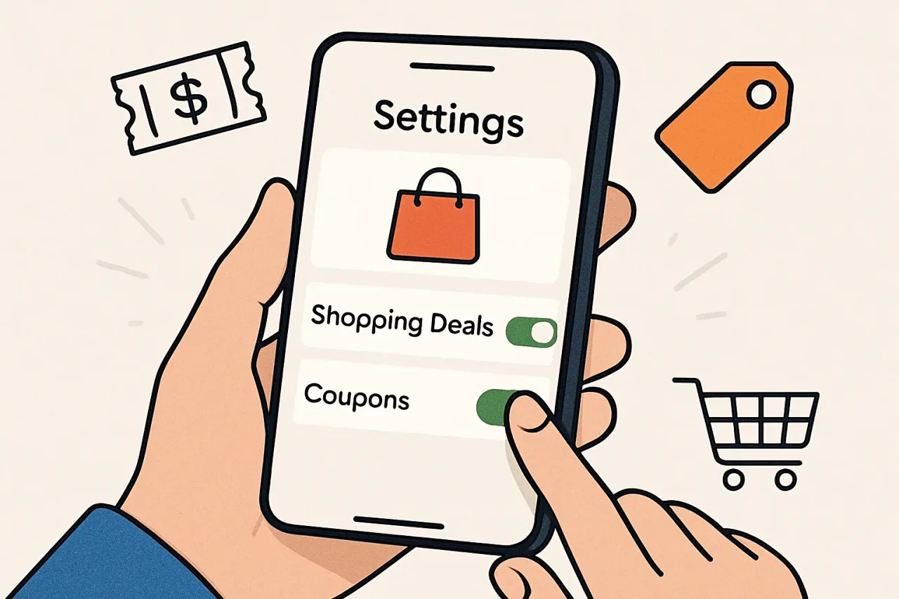 Settings panel showing categories, brands, and alert times in Shopping Deals & Coupons
