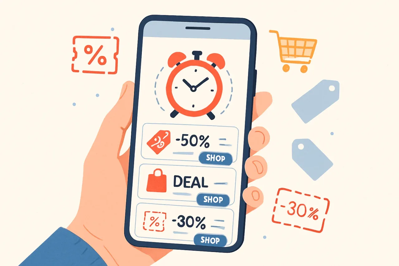 A smartphone screen shows several hourly flash deals.