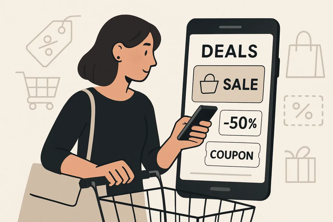 Shopper browsing retailer-specific shopping deals on smartphone