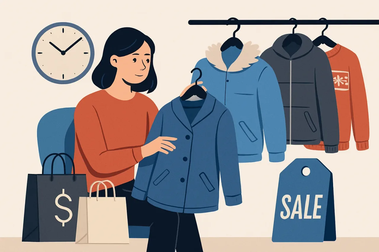 Person browsing winter coats and scarves during seasonal sale.