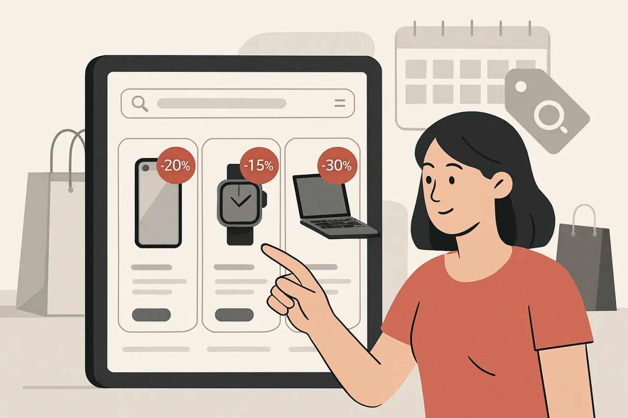 Tech devices like laptops, phones, and headphones displayed with price tags.