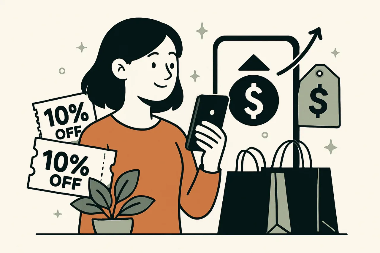Phone and coupons showing cashback savings
