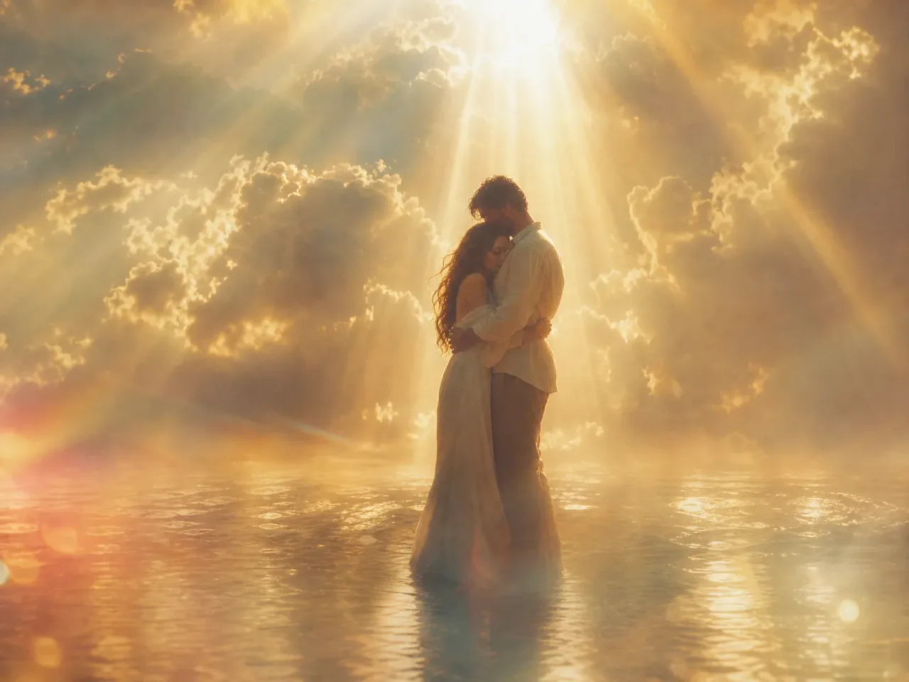 Casal de homem e mulher abraçados em um cenário etéreo e celestial. A imagem representa aplicativos de bate-papo cristão