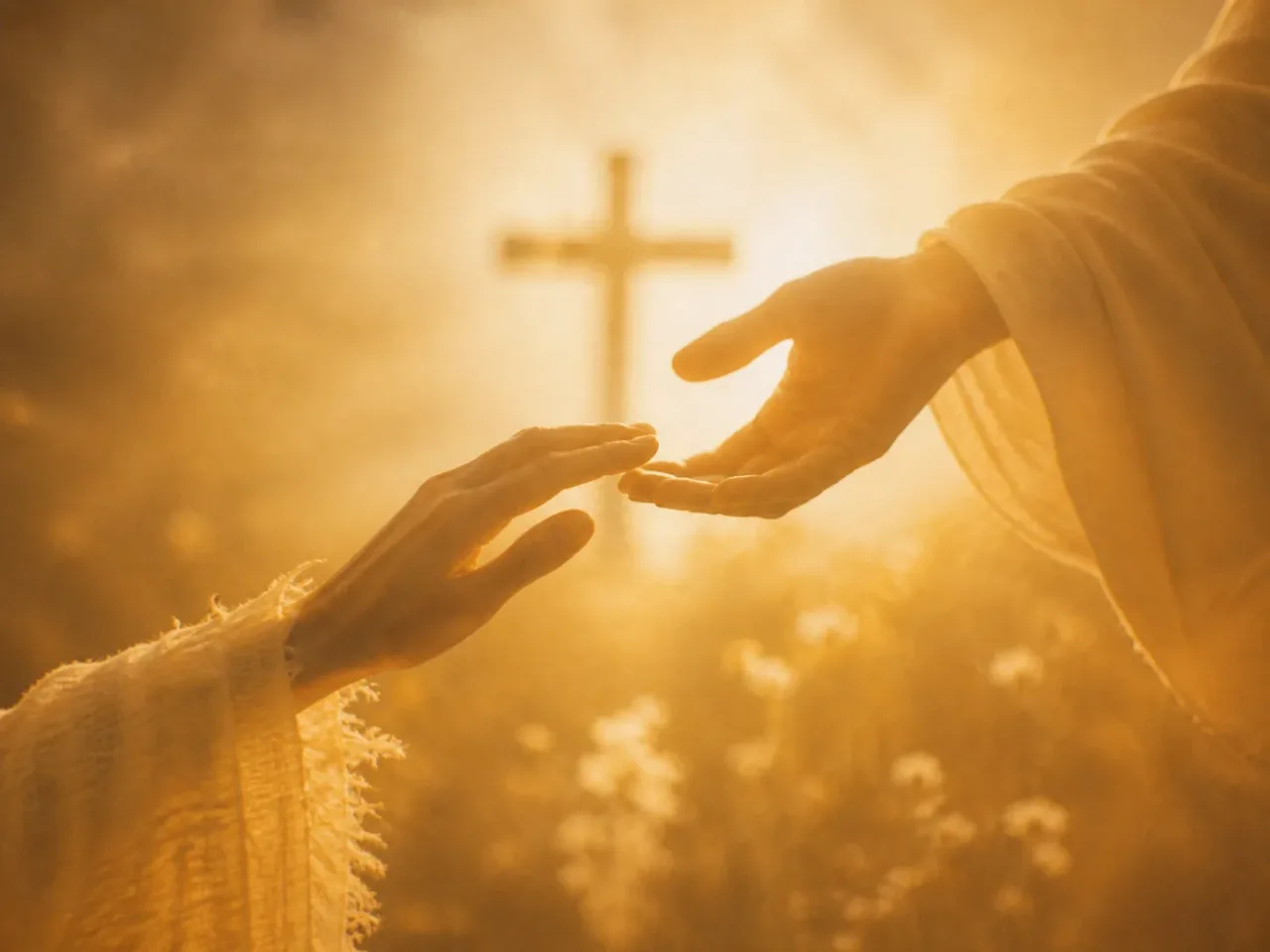 Mãos de um casal se encontrando em frente a uma cruz em um ambiente celestial. A imagem representa aplicativos de bate-papo para evangélicos