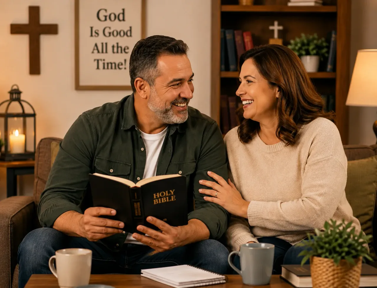 Casal cristão sentados no sofá de sua casa lendo a bíblia e conversando em conjunto. A imagem representa app de bate-papo cristão.